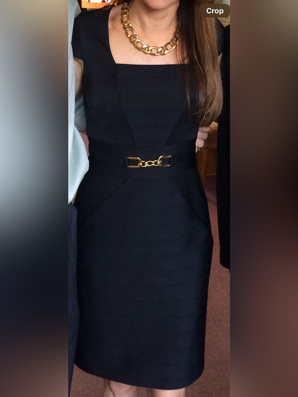 Kay Unger Black Textured Dress with Gold Chain size 2